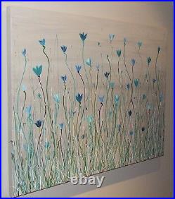 TEAL BLUE POPPIES GREEN WHITE LARGE PAINTING by STEPHANIE 101.6cm x 76.2cm