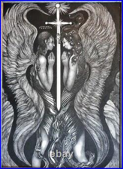 Two Angels with sword. Ink drawing by listed artist Tina Fettes Thornton 1996