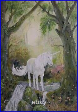 Unicorn painting watercolour original misty forest woodland animal fantasy