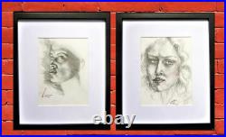 Unique Black & White Wall Art Handpainted Male Female Portrait Framed Boho Decor