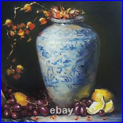 Vintage Original Blue White Vase With Fruit Realistic Still Life Oil Painting