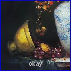 Vintage Original Blue White Vase With Fruit Realistic Still Life Oil Painting