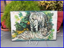 Vintage White Bengal Tigers Wildlife Forest Tiger Art Painting Artist Signed