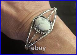 Vtg Sterling Silver Artist SIGNED White Buffalo Turquoise Howlite Cuff Bracelet