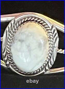 Vtg Sterling Silver Artist SIGNED White Buffalo Turquoise Howlite Cuff Bracelet