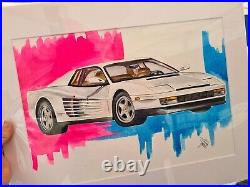 WHITE FERARRI MIAMI VICE MOVIE CAR Painting Original Wall Art Mounted Picture