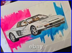 WHITE FERARRI MIAMI VICE MOVIE CAR Painting Original Wall Art Mounted Picture