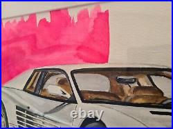 WHITE FERARRI MIAMI VICE MOVIE CAR Painting Original Wall Art Mounted Picture