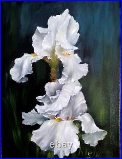 WHITE IRISES Painting Floral 12x16 Black Canvas Original by Artist Klein