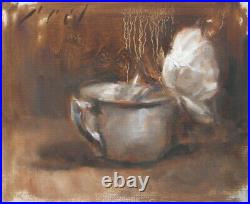 WHITE ROSE Brass Cup Monochromatic Still Life Original Oil Painting Day Realism