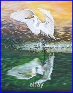 White Egret Landing Original Acrylic Painting On Canvas 24 x 30 x 1.5