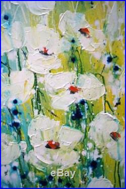 White FLOWERS Bouquet Blue Colors Original Palette Impasto Oil Painting by Luiza