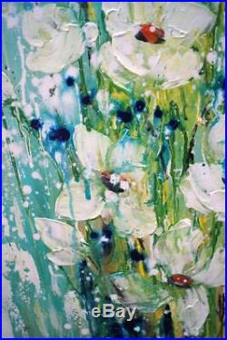 White FLOWERS Bouquet Blue Colors Original Palette Impasto Oil Painting by Luiza