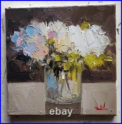 White Flowers Oil Painting Vivek Mandalia Impressionism Collectible 12x12 Signed