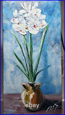 White Orchids. 10x20 oil on canvas by Roger Gelis