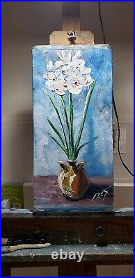 White Orchids. 10x20 oil on canvas by Roger Gelis