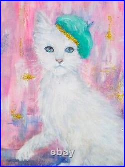 White Parisian Artist Cat French Cat Original framed painting Andi J Lucas