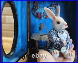 White Rabbit, ooak collectible needle felted toy, rabbit Alice in Wonderland