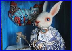 White Rabbit, ooak collectible needle felted toy, rabbit Alice in Wonderland