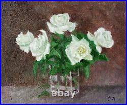White Roses Original Oil Painting Linen Canvas Board 12x10 Hand Painted JSArt