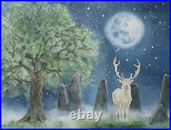 White Stag painting watercolour original standing stones animal moon deer