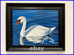 White Swan Swimming original oil Realist painting Bird Artwork FRAMED wall Decor
