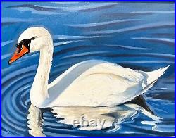 White Swan Swimming original oil Realist painting Bird Artwork FRAMED wall Decor