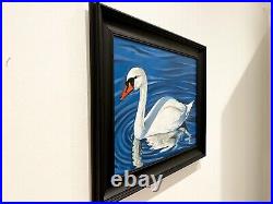 White Swan Swimming original oil Realist painting Bird Artwork FRAMED wall Decor