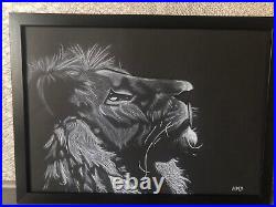 White charcoal on black Lion, original portrait by artist HM Simmonds beautiful