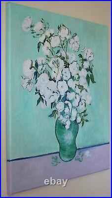 White roses in a vase. Van Gogh. Oil painting on canvas