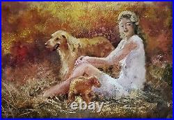 Woman Figure Seated White Dress Dog Puppy ORIGINAL ART OIL PAINTING Yary Dluhos