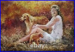 YARY DLUHOS Woman Figure Seated White Dress Dog Puppy ORIGINAL ART OIL PAINTING