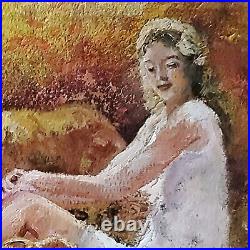YARY DLUHOS Woman Figure Seated White Dress Dog Puppy ORIGINAL ART OIL PAINTING
