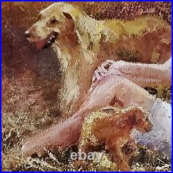 YARY DLUHOS Woman Figure Seated White Dress Dog Puppy ORIGINAL ART OIL PAINTING